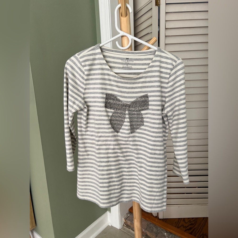 Talbots Gray White Striped T Shirt with Bow Small Petite